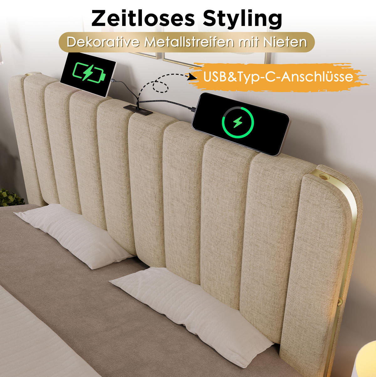 BETT mit Stauraum und Matratze 90x200 cm Beige Leinen - Beige, Metall (90/200cm) - Meubliv