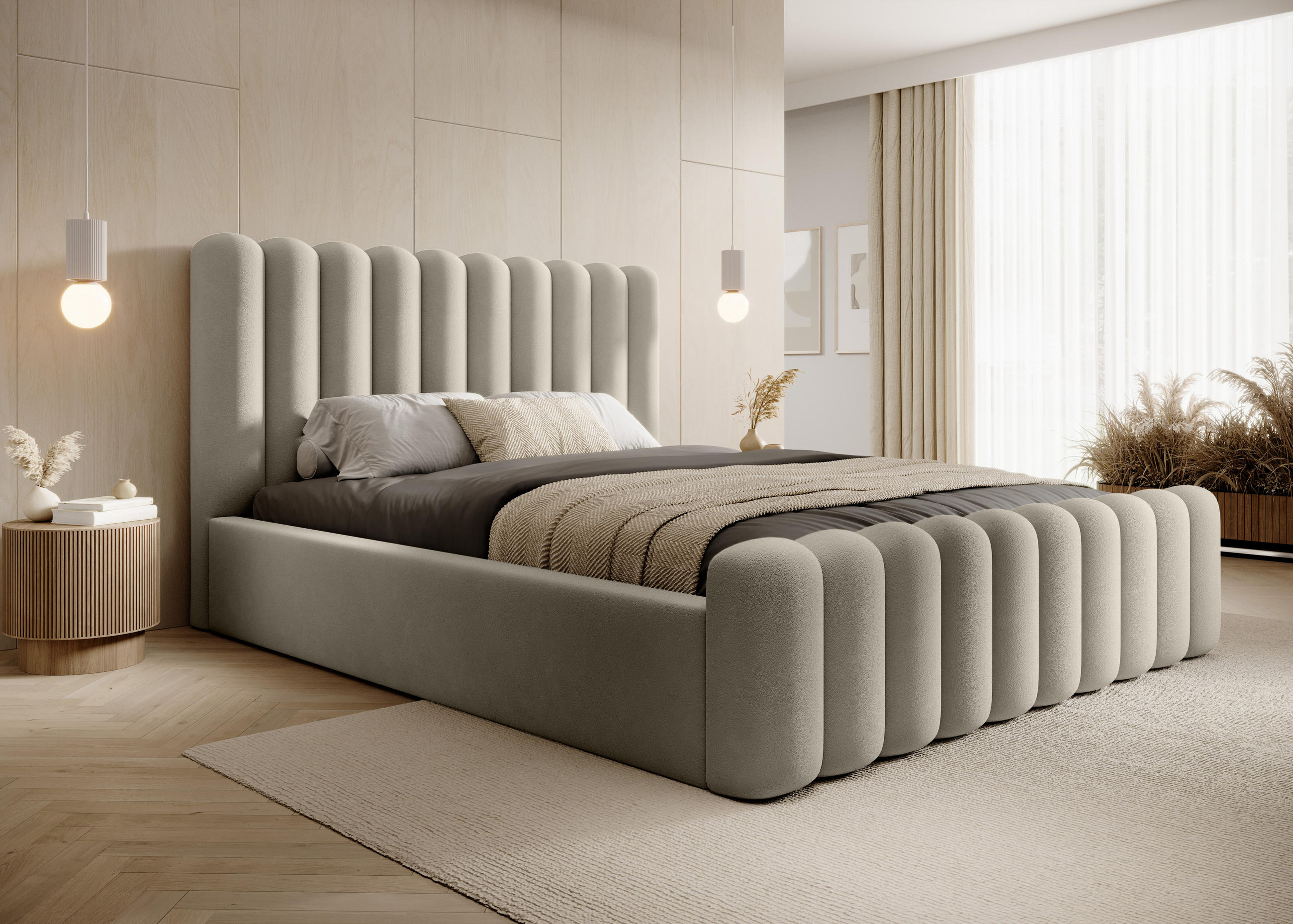 POLSTERBETT Bett Mona VII gepolstert langlebig, modernes Design, geräumiger Bettkasten, pflegeleichter Stoff 200x200 cm, beige - Beige/Schwarz, Holzwerkstoff/Kunststoff (200/200cm) - DomoHome