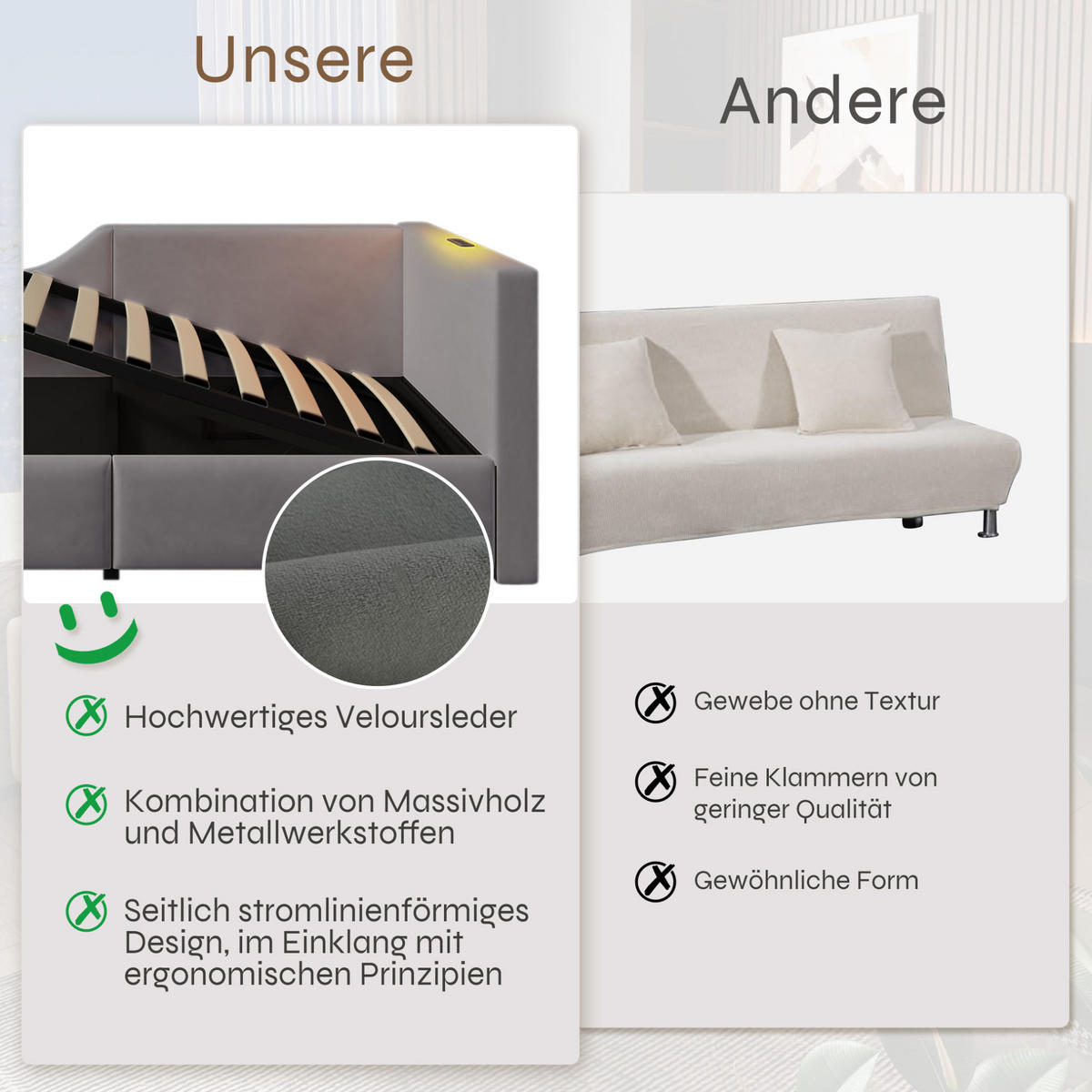 POLSTERBETT aus Samt 90x200 cm in Grau mit Stauraum, USB-C & Leselampe - Grau, Textil (90/200cm) - Modfu