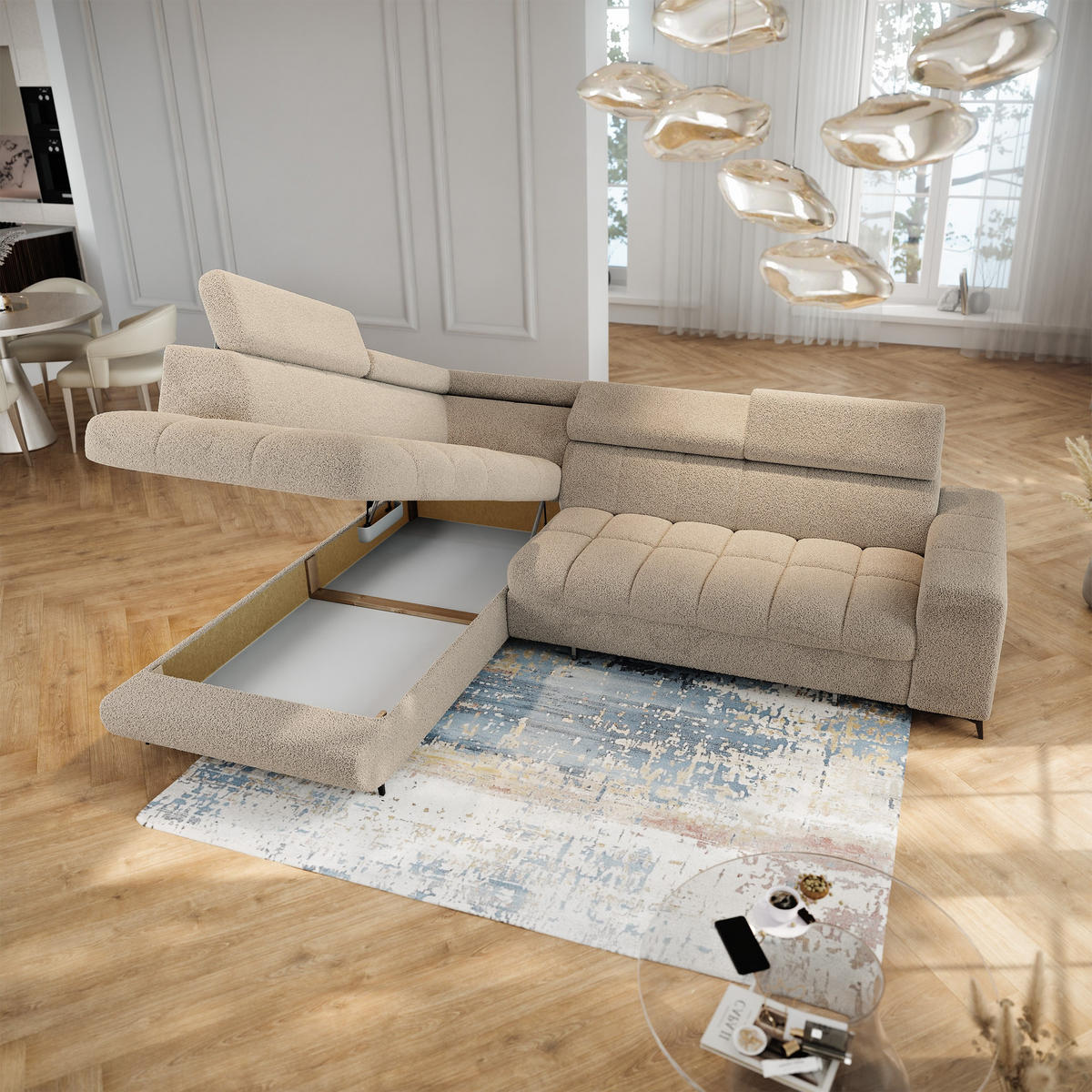 ECKSOFA MORIVA Q L-S Beige Boucle-Stoff mit Schlaffunktion - Beige, Holzwerkstoff/Textil (253/190cm) - MASSENO