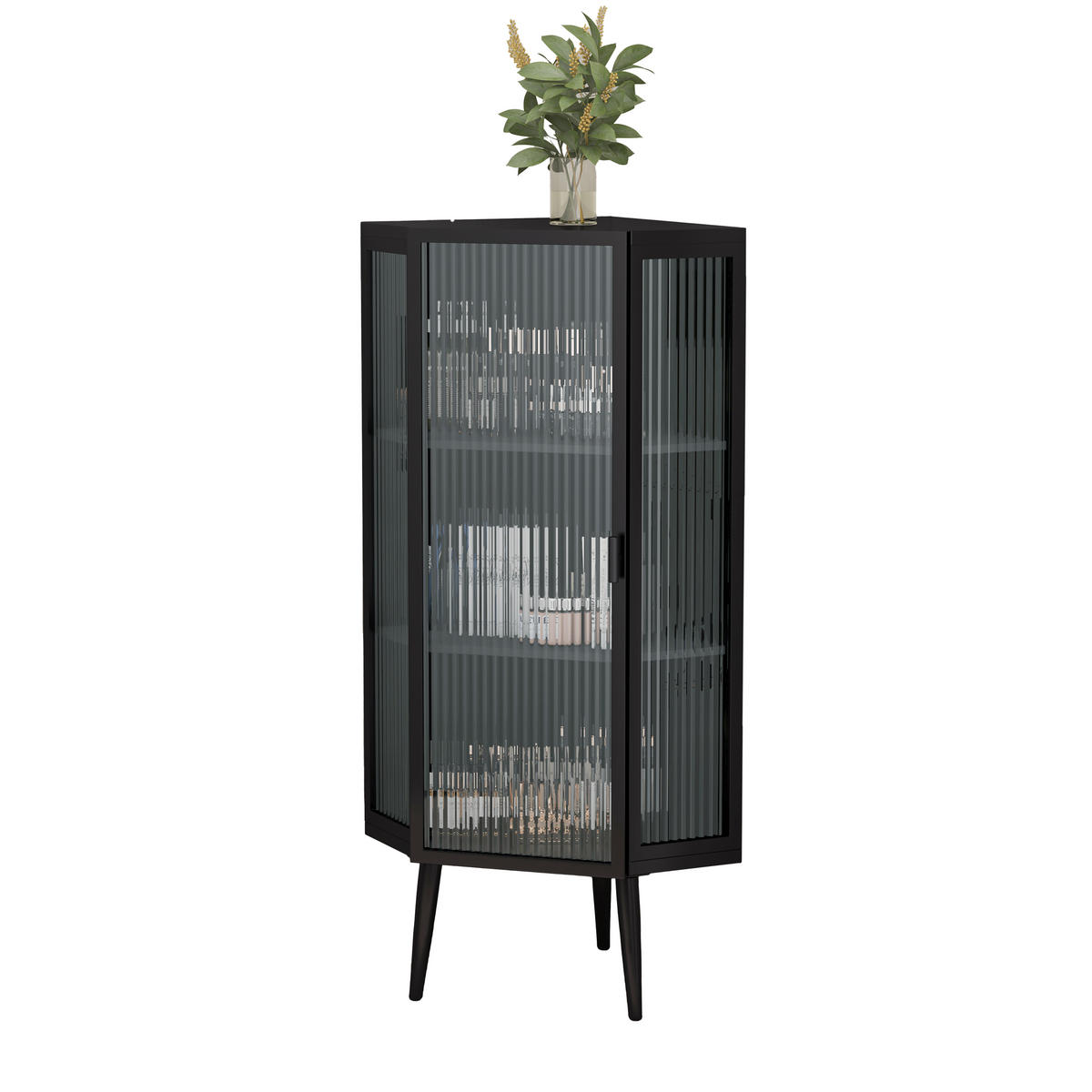 ECKSCHRANK Schwarz Metall & Glas 110cm mit 3 Ebenen & Tür - Schwarz, Metall (56/110/42.5cm) - Urban Meuble