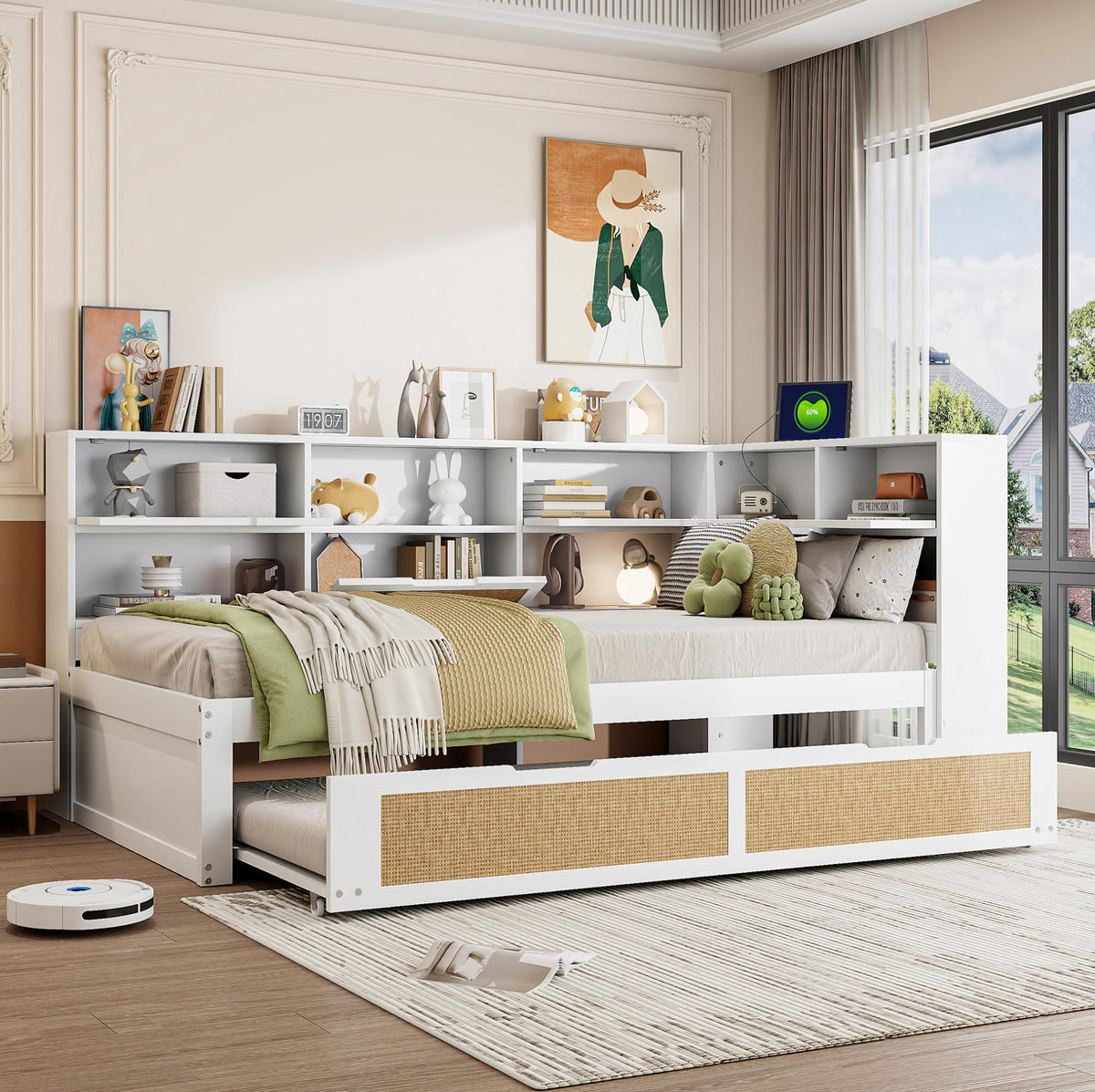 HOLZBETT 90/200 cm in Weiß mit Ausziehbett, Stauraum und USB-Anschluss - Weiß, Holz (90/200cm) - BEAOK