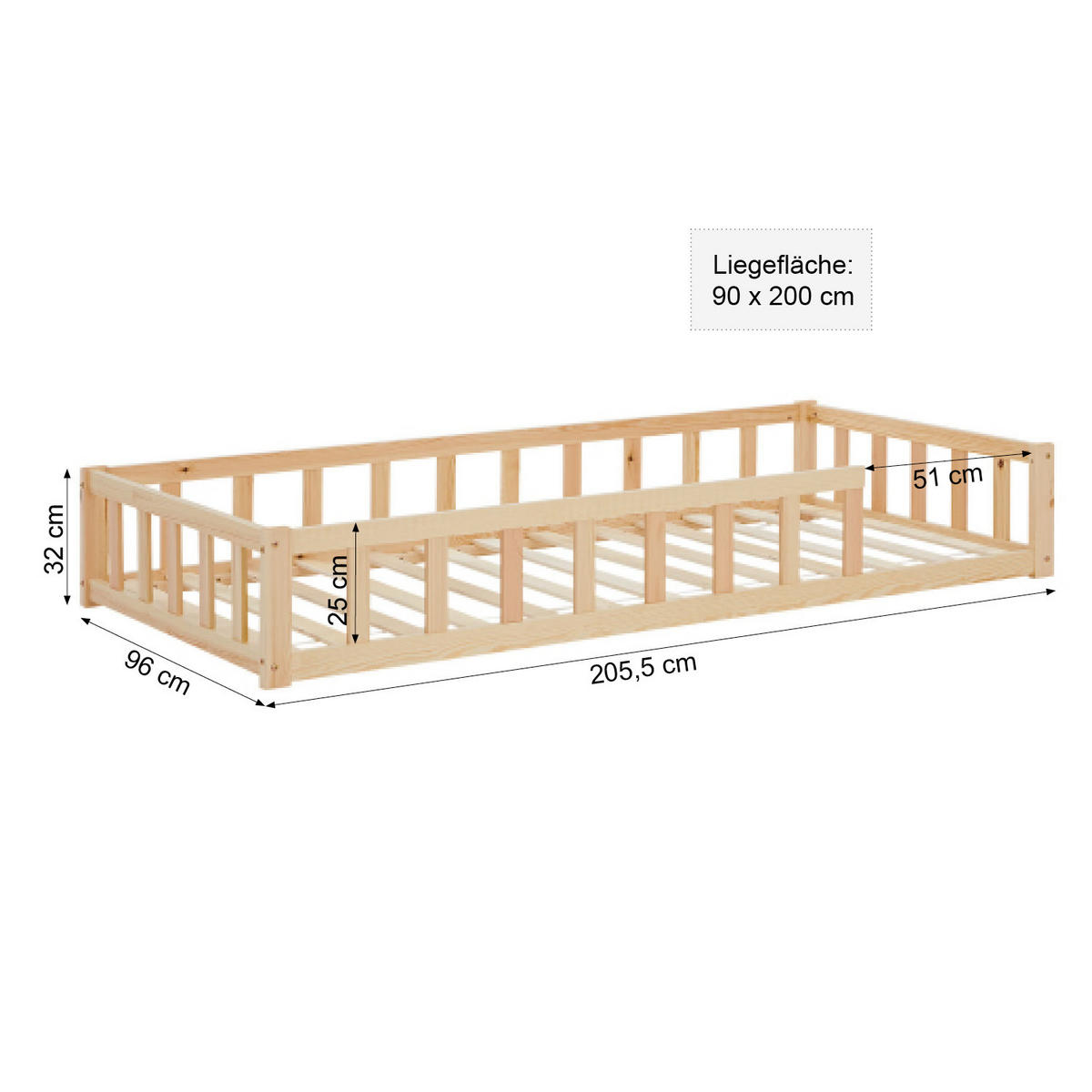 BODENBETT Natur 90x200 cm mit Lattenrost - Naturfarben, Holz (90/200cm) - Homestyle4u