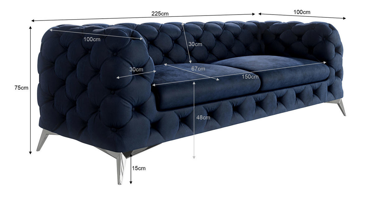 CHESTERFIELD-SOFA 3-Sitzer Laura Marineblau Samt - Silberfarben/Dunkelblau, Holz/Textil (225/75/100cm) - S-Style Möbel