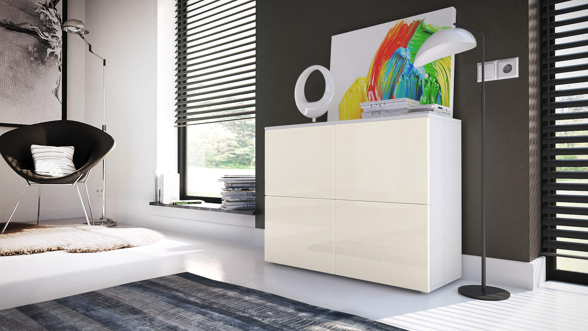 KOMMODE Rova Creme Hochglanz / Creme Hochglanz - Creme, Holzwerkstoff (92/72/35cm) - Vladon