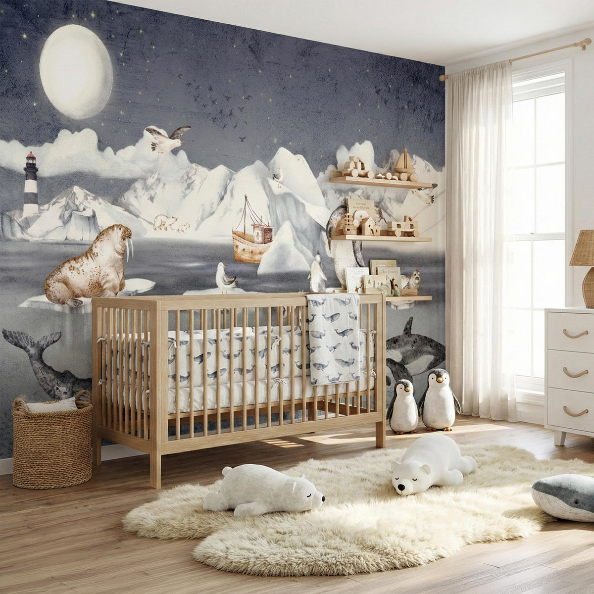 FOTOTAPETE für Kinderzimmer Arktische Tiere Pinguine Robben Mond Gebirge 400x280 - Orange/Weiß, Papier (400/280cm) - Muralo