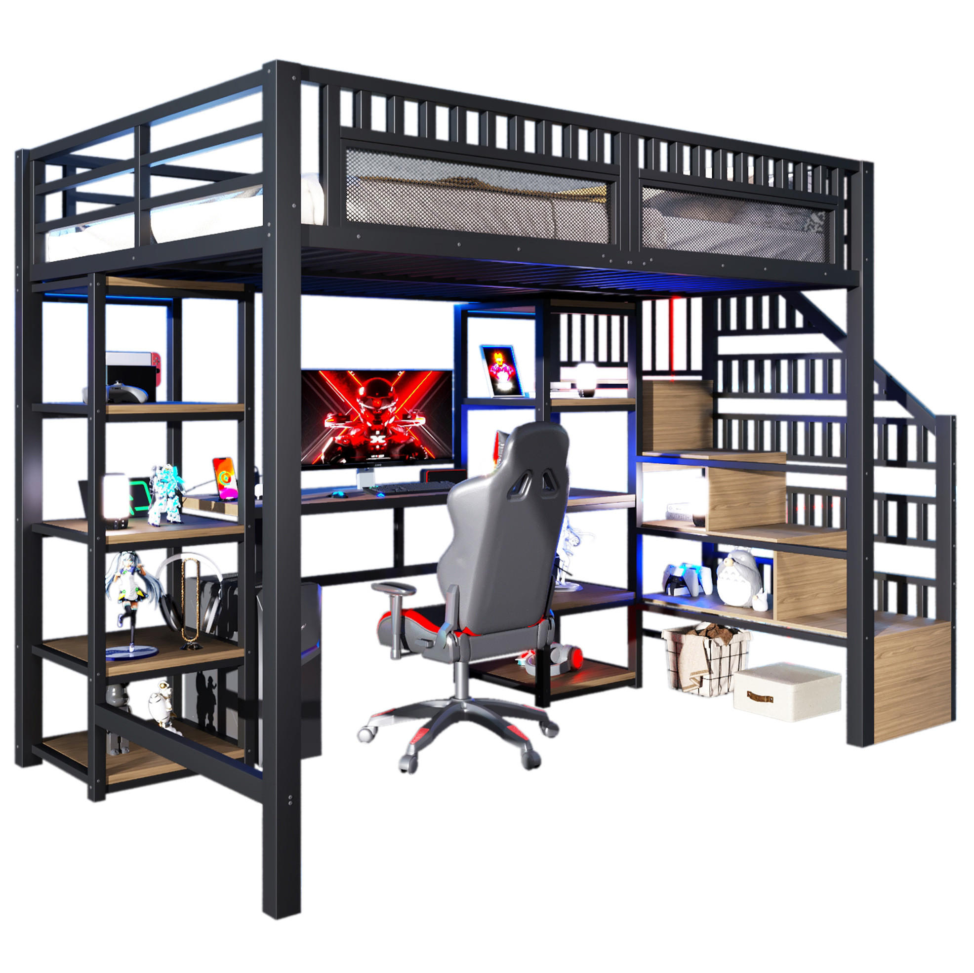 OKWISH VYSOKÁ postel 140/200 cm černá s psacím stolem a LED osvětlením z kovu a MDF
