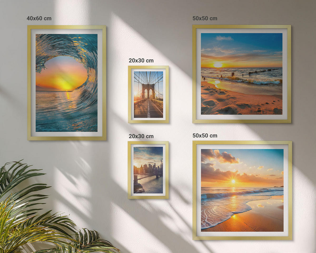 BILDER SET 5er Set - 50x50 cm & 20x30 cm & 40x60 cm Goldrahmen - Brücken, Sonnenuntergänge, Stadt - Goldfarben, Kunststoff (40/60cm) - TULUP