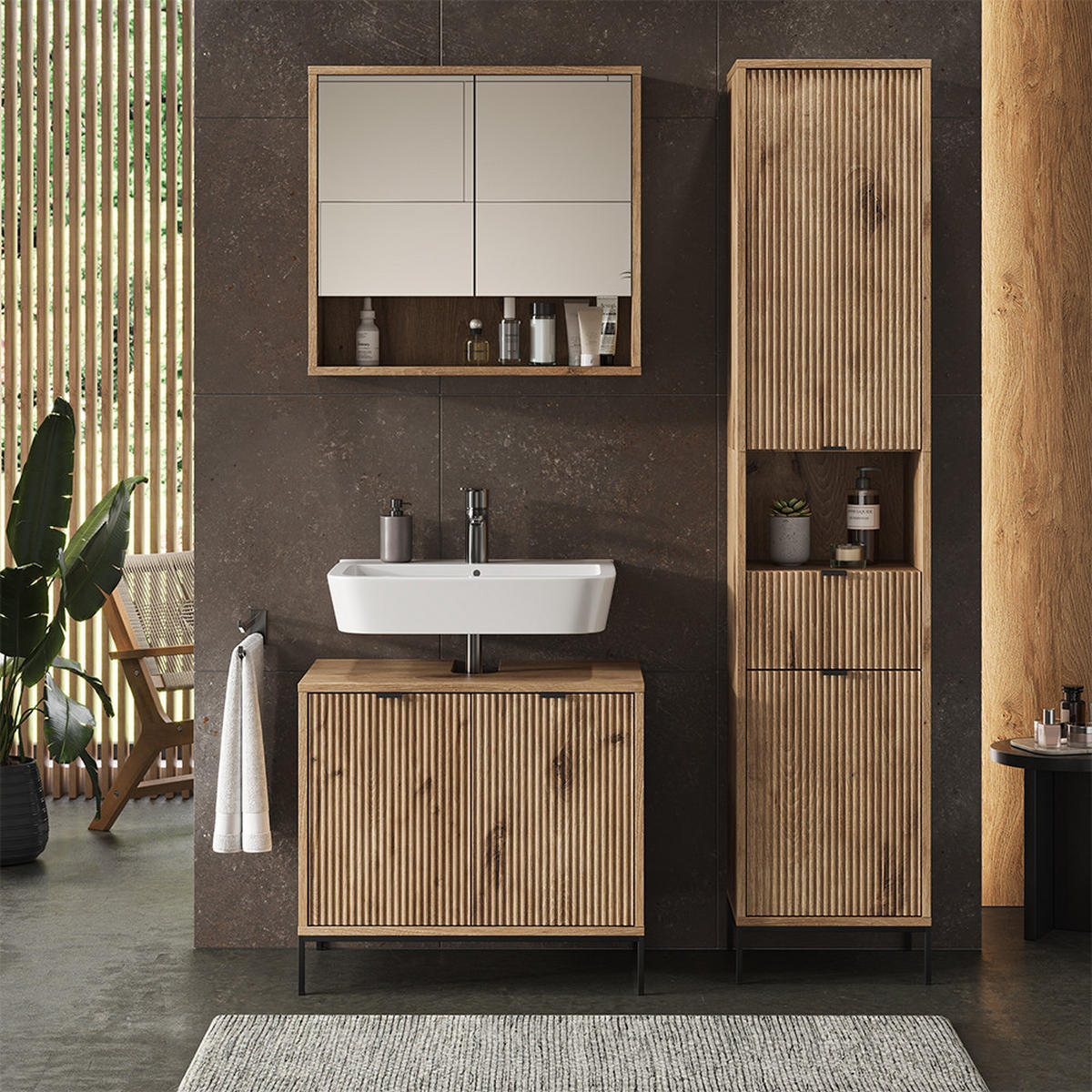 BADSCHRANK Eliza Viking Oak 40 x 190 cm mit Tür und Schublade - Eiche Wotan, Holzwerkstoff (40/190/35cm) - Vicco