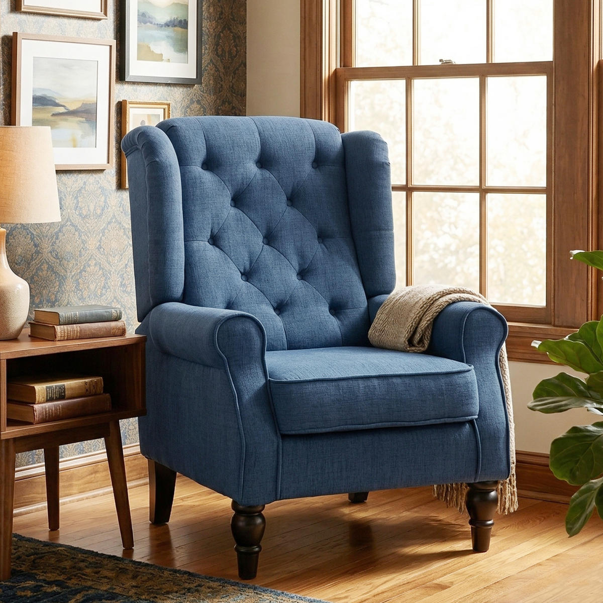 OHRENSESSEL DE-06469 dick gepolstert, abnehmbarer Bezug Blau - Blau, Holz/Textil (86/102/74cm) - ComfortXL