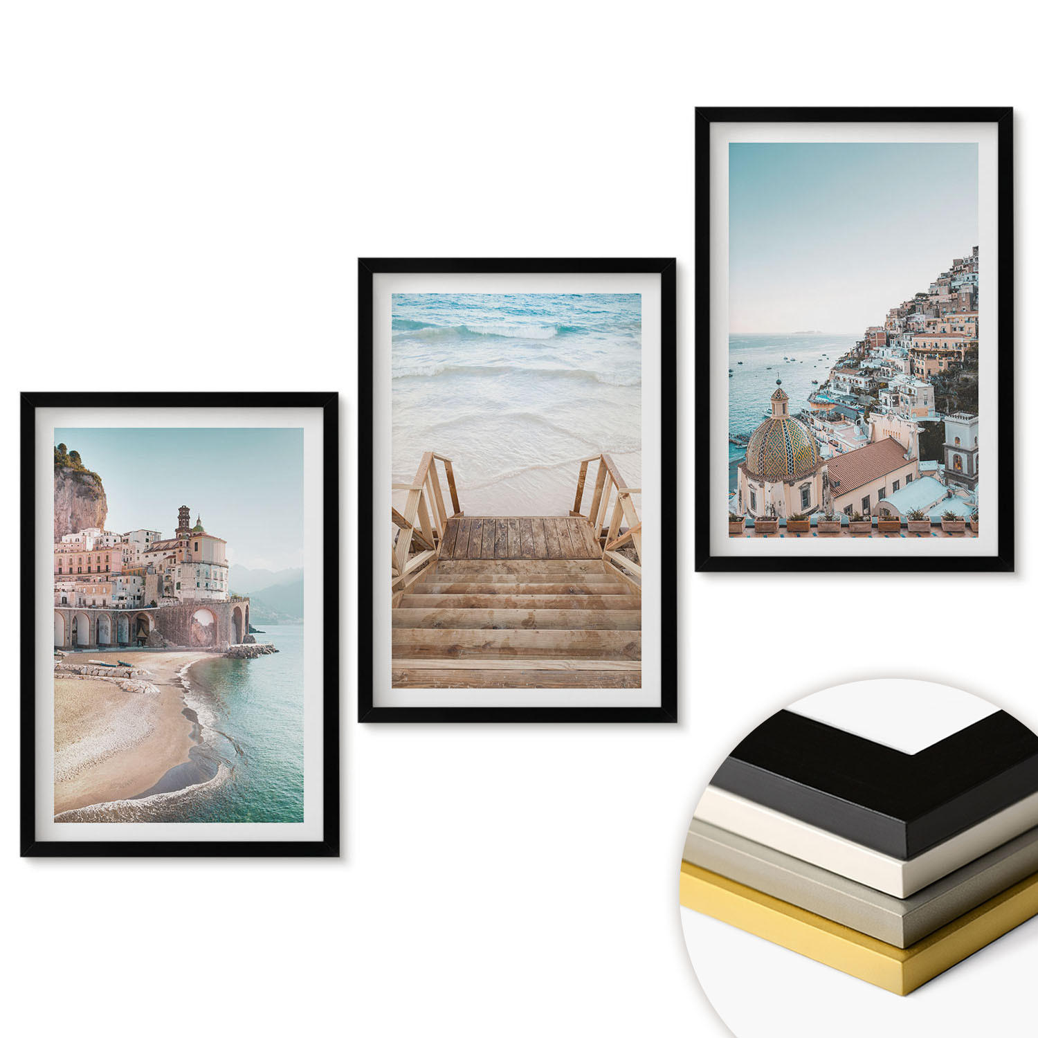 WANDBILDER 3er-Set - 40x60 cm Schwarzer Rahmen - Sommerliche Strandansichten in Pastellfarben - Schwarz, Kunststoff (40/60cm) - ArtPrintCave
