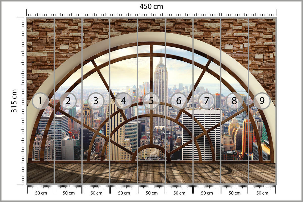 FOTOTAPETE für Wohnzimmer New York Fensterblick Panorama Stadt 450x315 - Beige/Braun, Papier (450/315cm) - Muralo