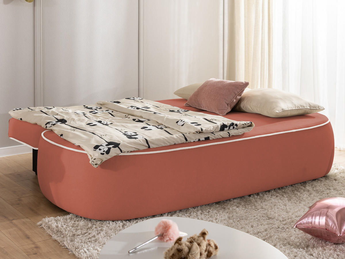 KINDERSOFA Vero im modernen und abgerundeten Design mit Schlaffunktion und Bettkasten aus Rosa Plüschstoff mit hellgrauer Paspel - Hellgrau/Schwarz, Holz/Kunststoff (210/90/98cm) - S-Style Möbel