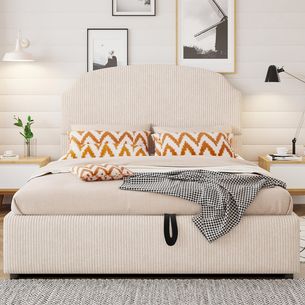 POLSTERBETT aus Plüschstoff 140x200 cm Beige mit hydraulischem Bettkasten und großem Kopfteil - Beige, Textil (140/200cm) - Modfu