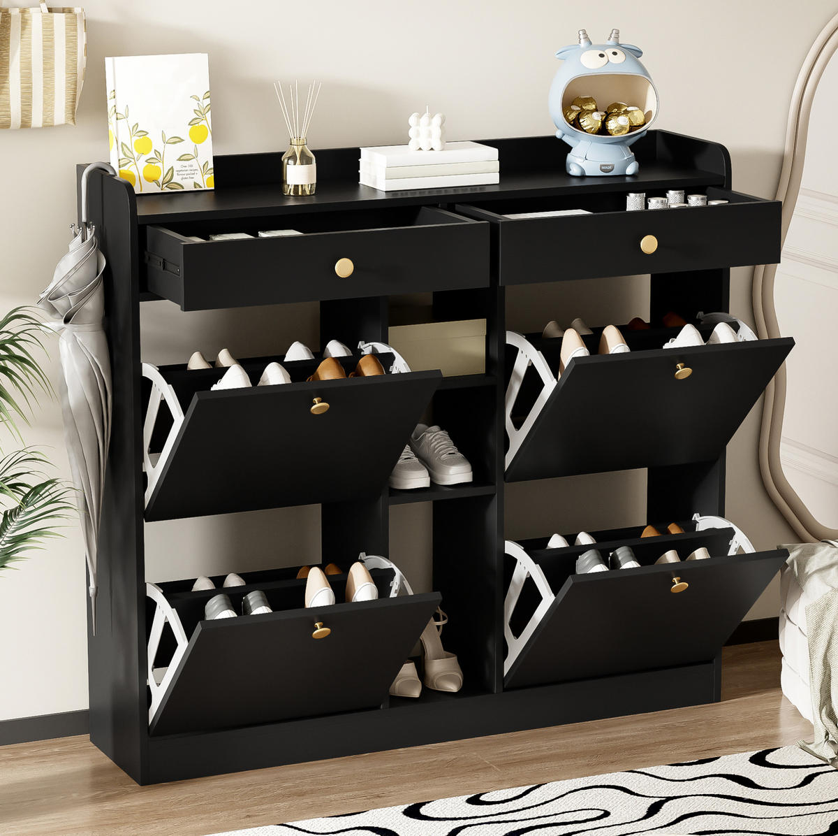 SCHUHSCHRANK mit 4 Klappen 110 x 26 x 100 cm Schwarz mit Schubladen - Schwarz, Holz (26/100/110cm) - Beauniv