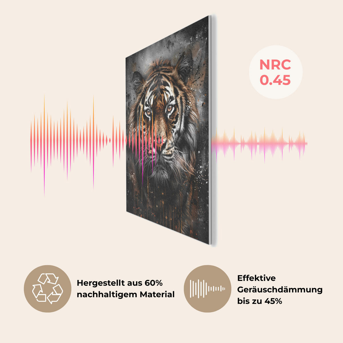 AKUSTIKBILD Tiger - Tiere - Porträt - Luxus - Schwarz Kunstdruck Schlafzimmer 50x70 cm - Braun, Kunststoff (50/70/0.9cm) - MuchoWow