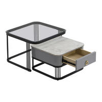 COUCHTISCH MDF mit Marmoroptik & Glas schwarzes Metallgestell integrierte Schublade, 60/60/42 + 50/50/34 cm, Schwarz und Grau - Schwarz, Holzwerkstoff (60/60/42cm) - Redom