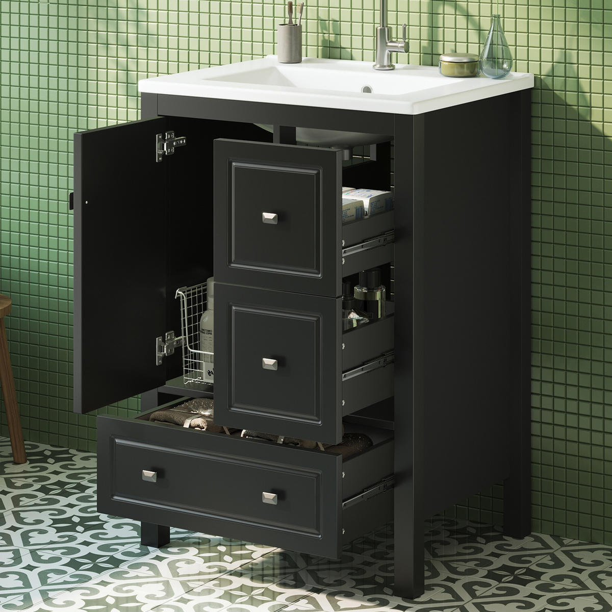 WASCHTISCHKOMBI 62/47/90 cm Schwarz mit freistehender Waschtisch und 3 Schubladen, ohne Wasserhahn - Edelstahlfarben/Schwarz, Holz/Holzwerkstoff (47/90/62cm) - Oxeza