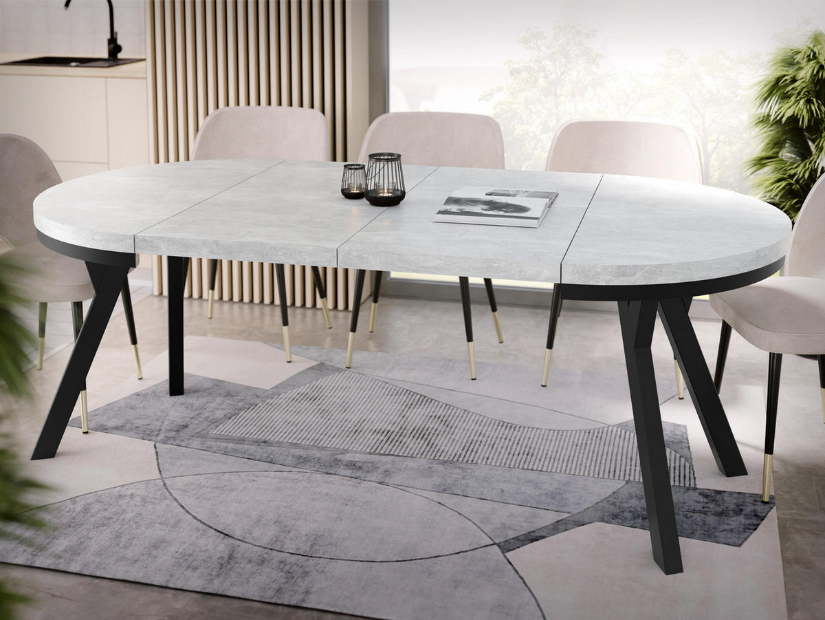 ESSTISCH Lume runder ausziehbarer, Grauer Beton 100-200/100/76 cm - Hellgrau/Schwarz, Holz/Holzwerkstoff (100/100/76cm) - WFL GROUP