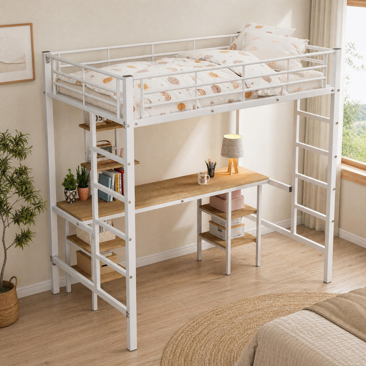 HOCHBETT 90/200 mit Tisch, Regalen und Seitenleiter in Weiß - Weiß, Metall (90/200cm) - EVRYAE