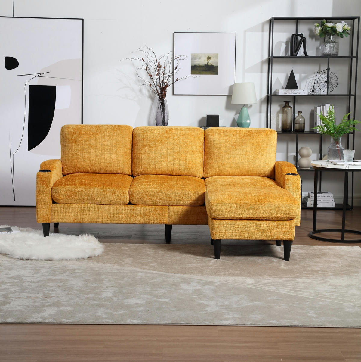 SOFA 4-Sitzer mit Hocker 196,5 x 75 x 77 cm Chenille Gelb - Gelb, Kunststoff (196.5/77/76cm) - Meubliv