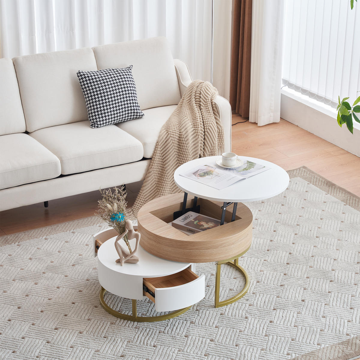 COUCHTISCH 70/70/42–56,5 cm Weiß und Holzoptik mit 2 Schubladen höhenverstellbar - Weiß, Holzwerkstoff (70/70/56.5cm) - OKWISH