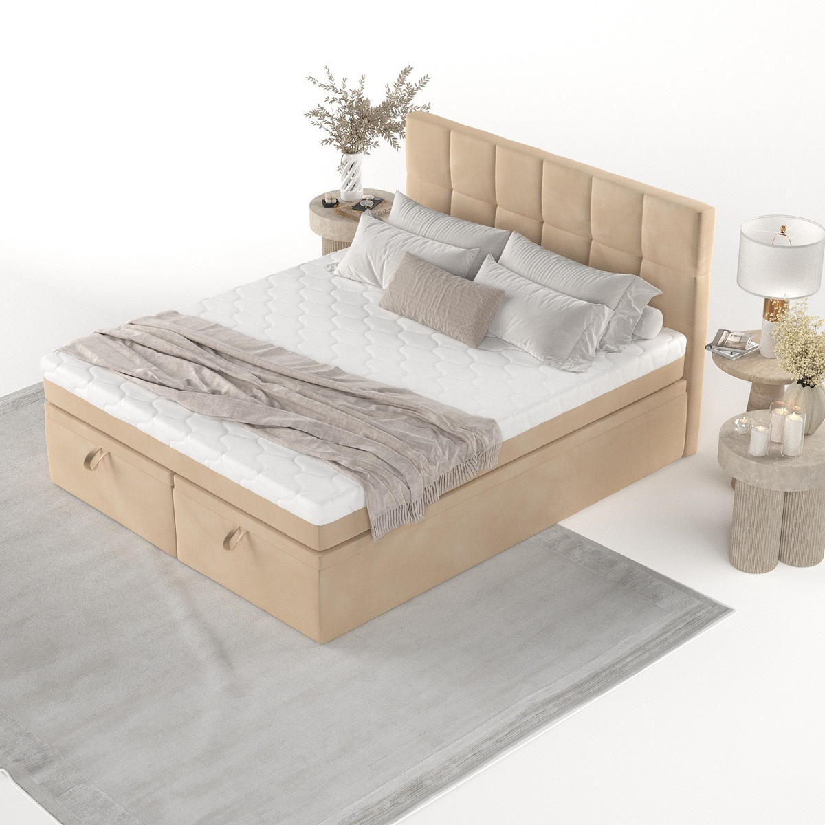 BOXBETT Elano 160/200 cm Beige im Kronos Stoff - Beige/Schwarz, Holz/Holzwerkstoff (160/200cm) - AltaBeds