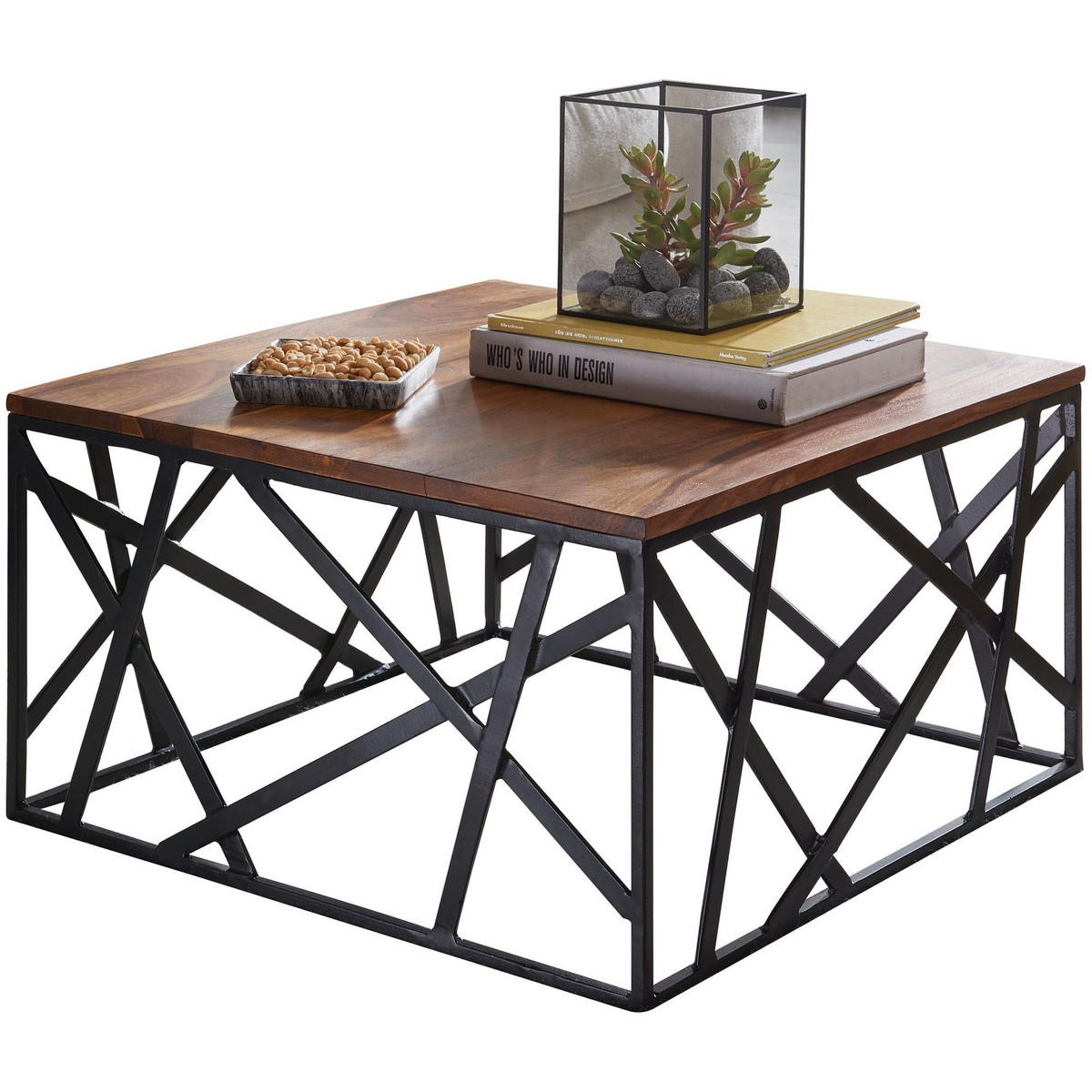 COUCHTISCH Industrial Stil, Sheesham Holz, Schwarzes Metallgestell, 60x60 cm - Schwarz/Braun, Holz/Metall (60/60/35cm) - KADIMA DESIGN