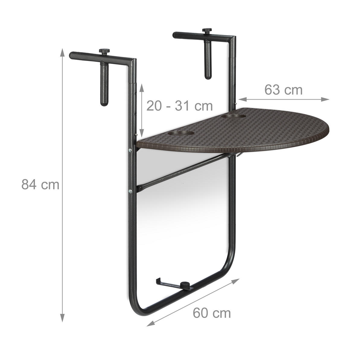 BALKONHÄNGETISCH - Braun, Kunststoff/Metall (63/60/84cm) - Relaxdays