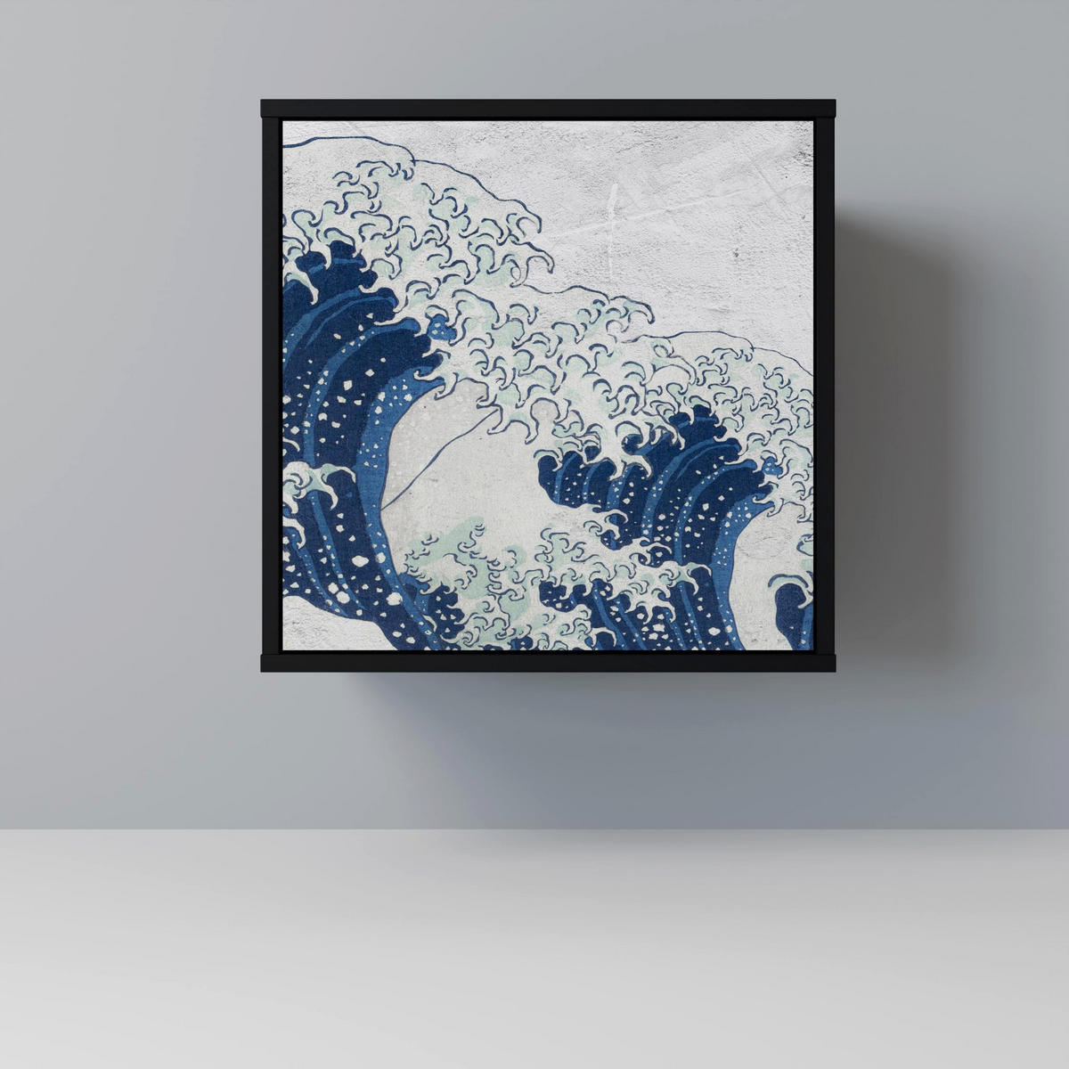 SIDEBOARD THE GREAT WAVE AT KANAGAWA, Schwarz, 57,5x42x70,5 cm, Schwarze Metall-Sternfüße - Multicolor/Schwarz, Holzwerkstoff/Metall (57.5/70.5/42cm) - SpaceRebels
