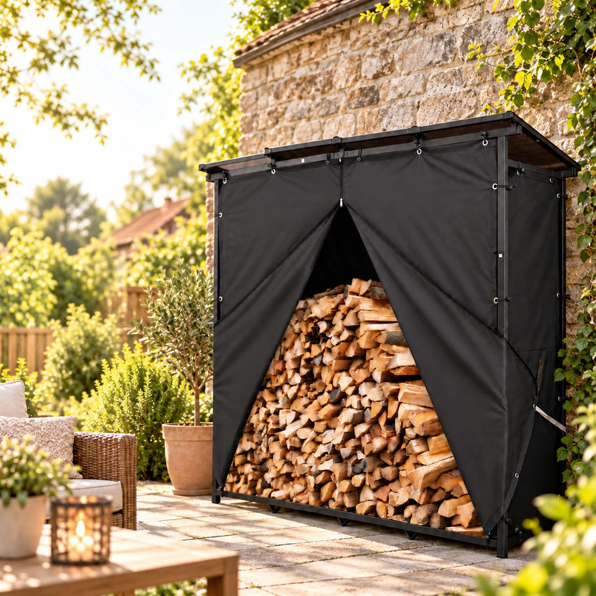 KAMINHOLZREGAL Schwarz Stahl mit Dach 185x185x70 cm - Schwarz, Kunststoff/Metall (185/185/70cm) - Relaxdays