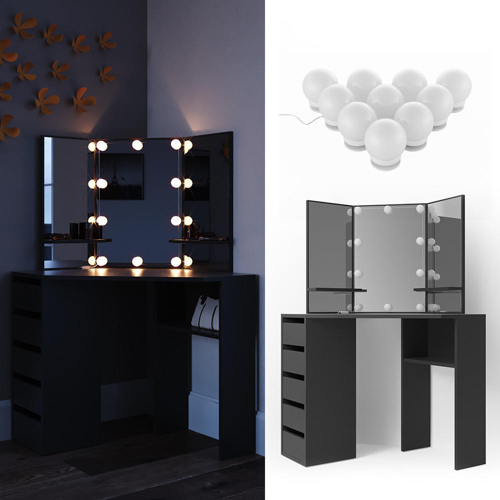 ECKSCHMINKTISCH Arielle Schwarz 110 cm mit LED Beleuchtung - Schwarz, Holzwerkstoff (110/141.5/54cm) - Vicco