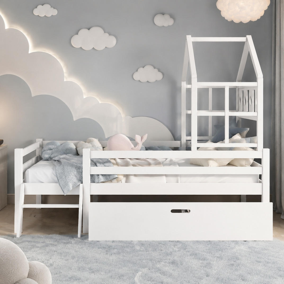 KINDERBETT 90/200 mit Schublade, Leiter und Rausfallschutz in Weiß - Weiß, Holzwerkstoff (90/200cm) - EVRYAE