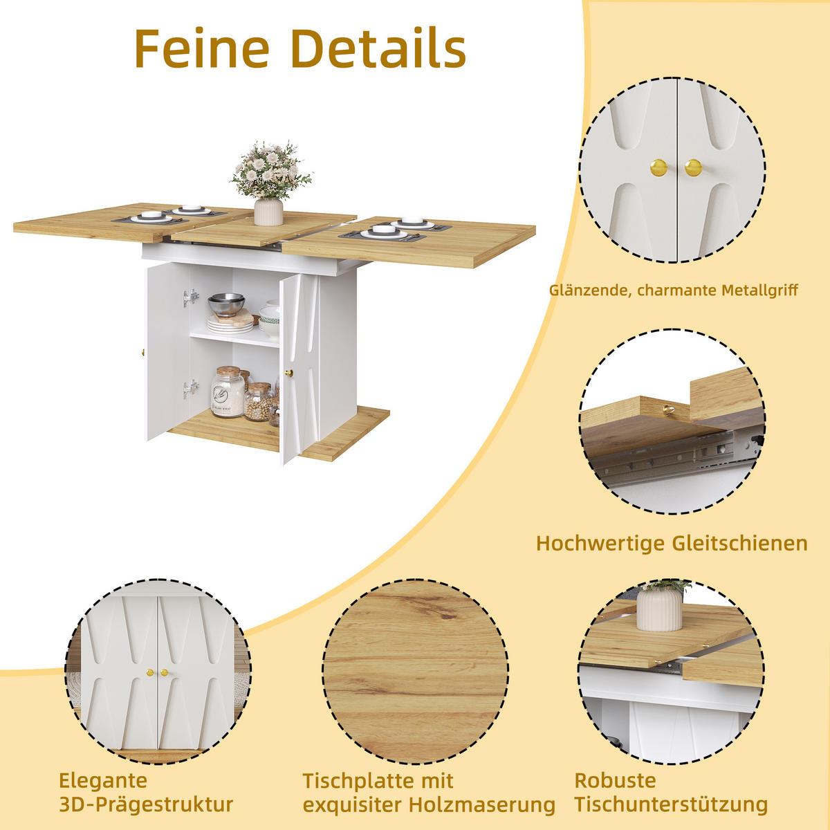 AUSZIEHTISCH 110/70/76,5 cm weiß mit Stauraum in Tischbeinen aus MDF und Metall - Weiß, Holzwerkstoff (110/70/76.5cm) - OKWISH