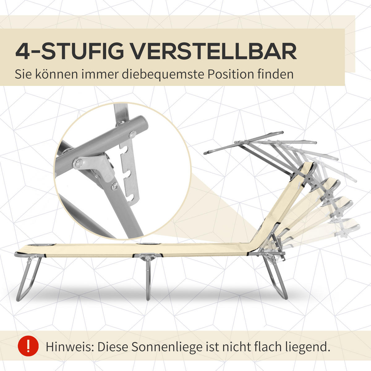 KLAPPBARE Sonnenliege mit Sonnendach und 4-fach verstellbarer Rückenlehne, wetterfeste Campingliege bis 120 kg, Beige - Beige, Metall (187/36/58cm)