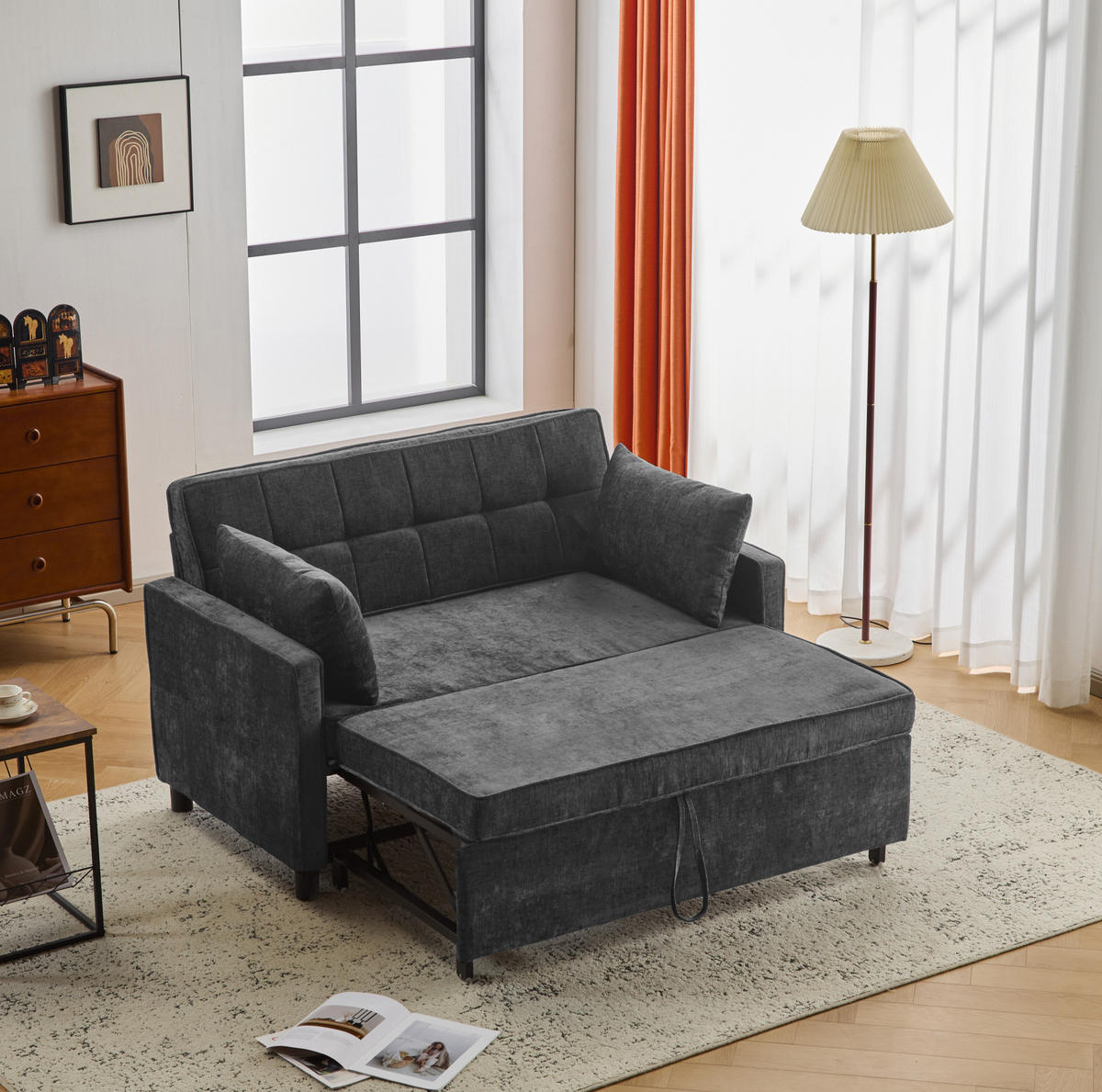 SCHLAFSOFA Chenille mit Ausziehfunktion und 2 Kissen Antikschwarz 142/79/85 cm - Schwarz, Textil (79/85/142cm) - Redom