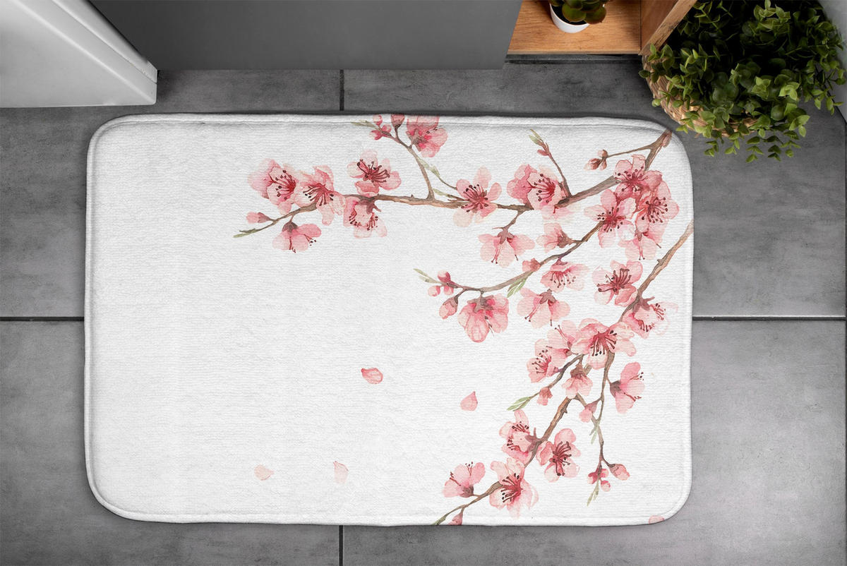 BADTEPPICH 90x60 cm Japanische Blumen - Weiß, Textil (90/60cm) - TULUP