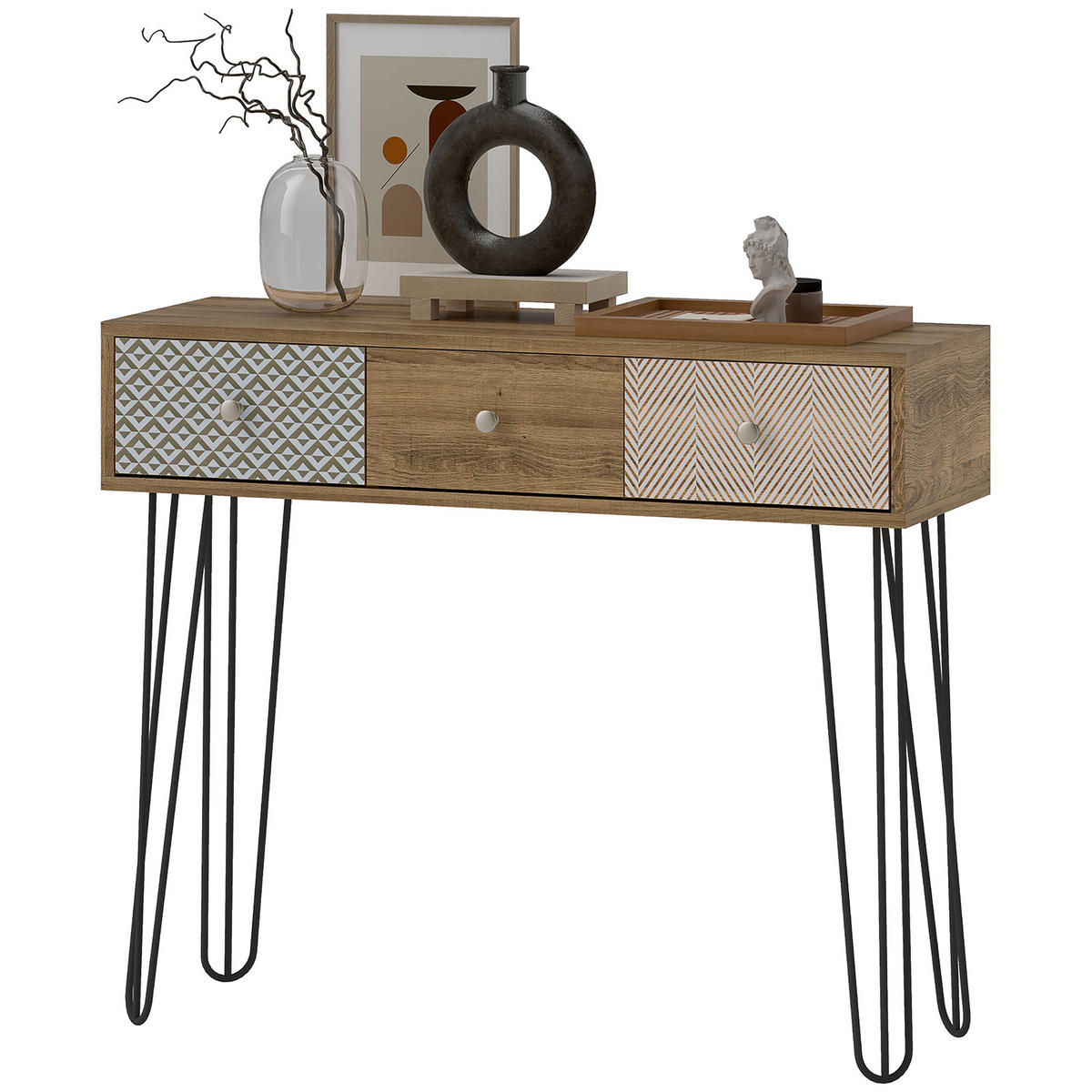 KONSOLENTISCH DE-16776 3 Schubladen, Haarspangenbeine, 90 cm Braun - Braun, Holzwerkstoff (90/30/75cm) - ComfortXL