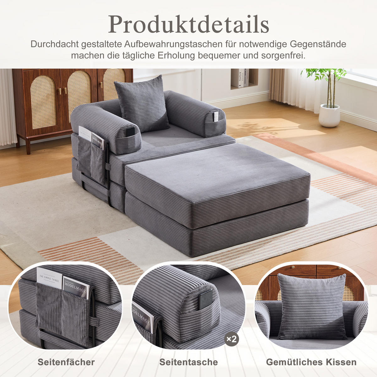 SOFA Cord Dunkelgrau mit Hocker, Kissen und Seitentasche - Dunkelgrau, Textil/Metall (112/67/190cm) - WISHDOR