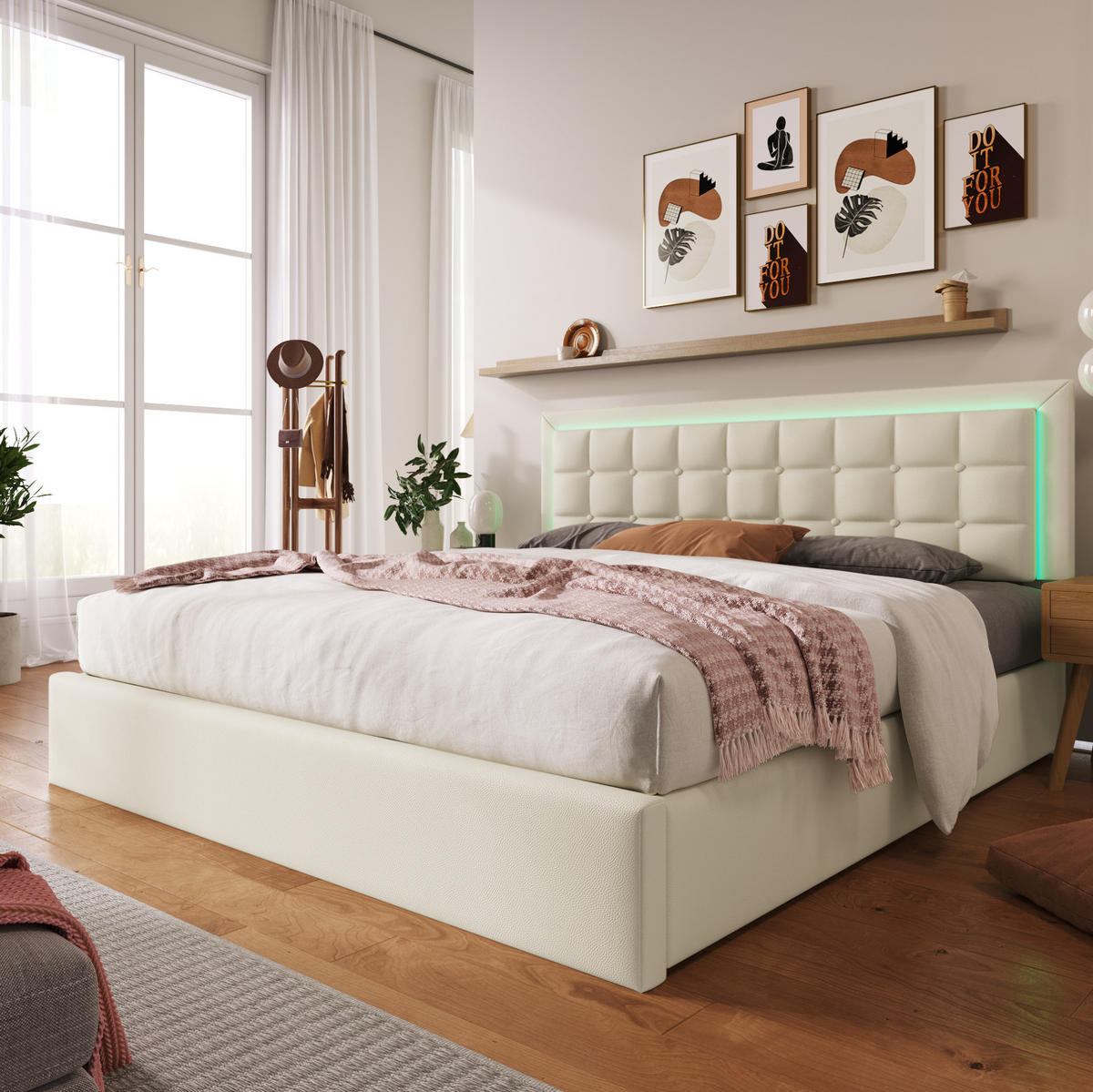 BETT mit Lattenrost, Stauraum und LED 160x200 cm Kunstleder Weiß - Weiß, Metall (160/200cm) - Meubliv