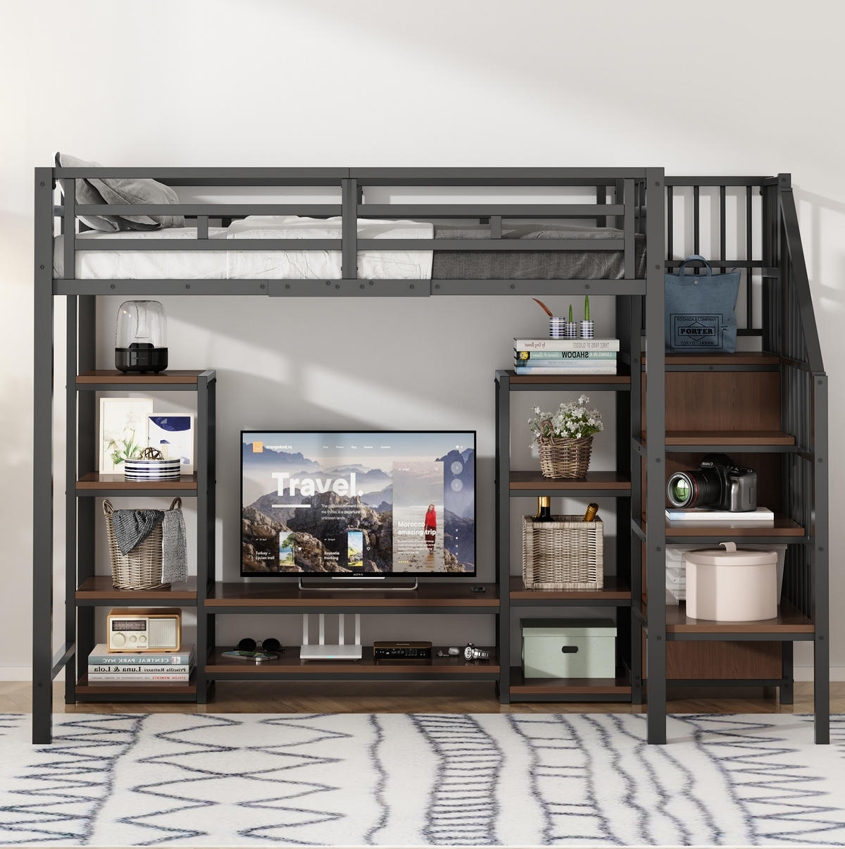 HOCHBETT 90/200 cm in Schwarz – mit TV-Regal, Steckdose und Leiter - Schwarz, Metall (90/200cm) - BEAOK