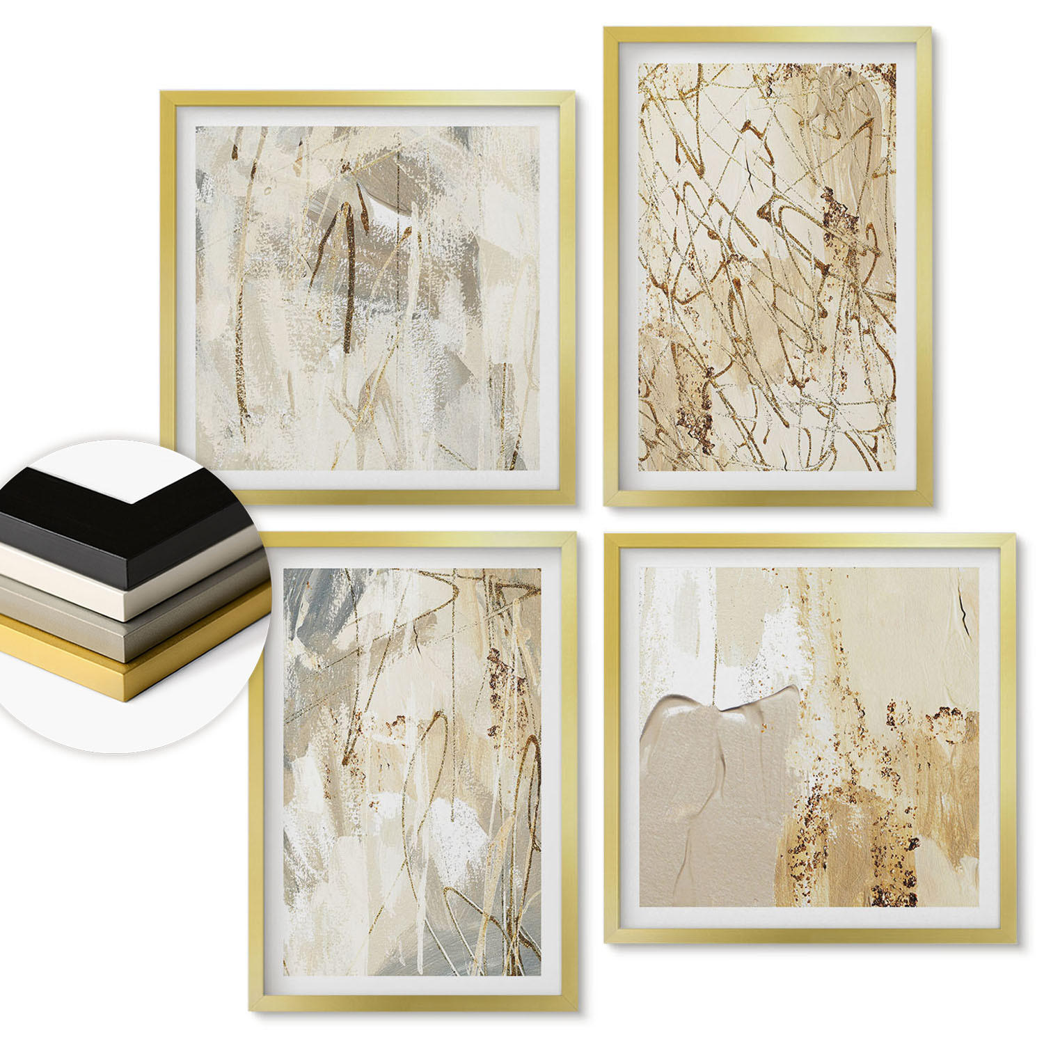 WANDBILDER 4er Set - 50x50 cm & 40x60 cm Goldrahmen - Beige abstrakte Formen Linien - Goldfarben, Kunststoff (50/50cm) - ArtPrintCave