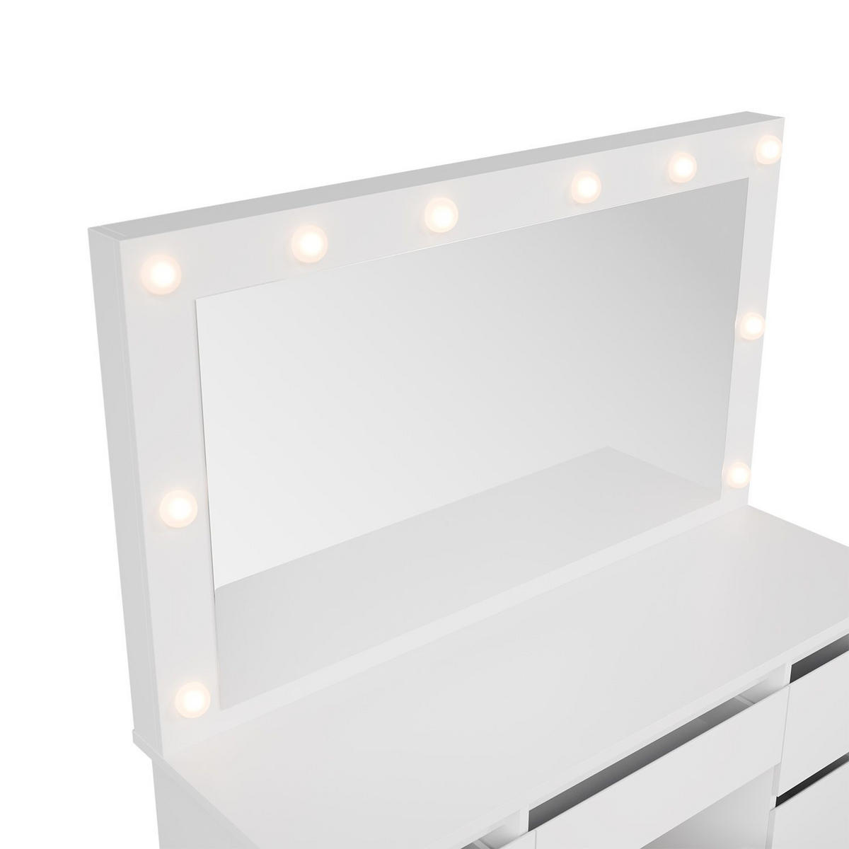 SCHMINKTISCH Lilia weiß mit LED-Beleuchtung und Hocker Melly - Weiß, Holz (108/140/41cm) - Juskys