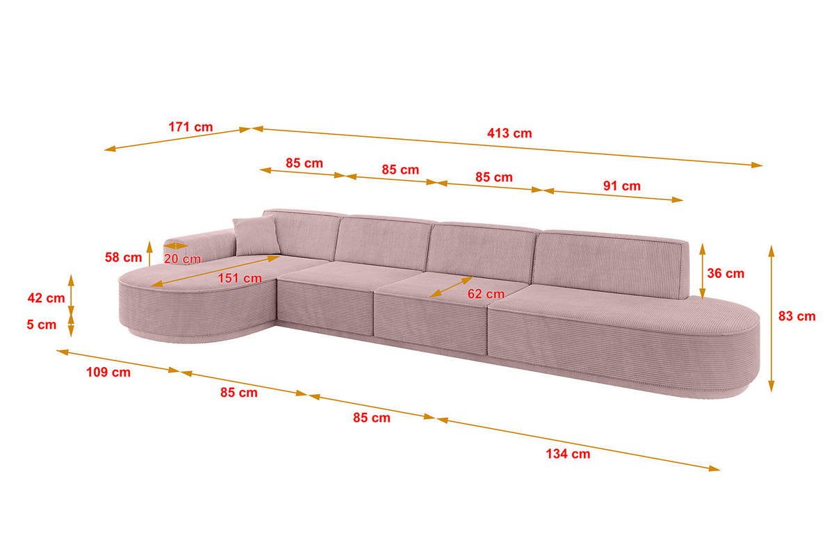 ECKSOFA Ottomane Links MARI-L3-v3 - 413x171x83 cm Rosa Cord - Schwarz/Rosa, Holzwerkstoff/Kunststoff (413/171cm) - ALTDECOR