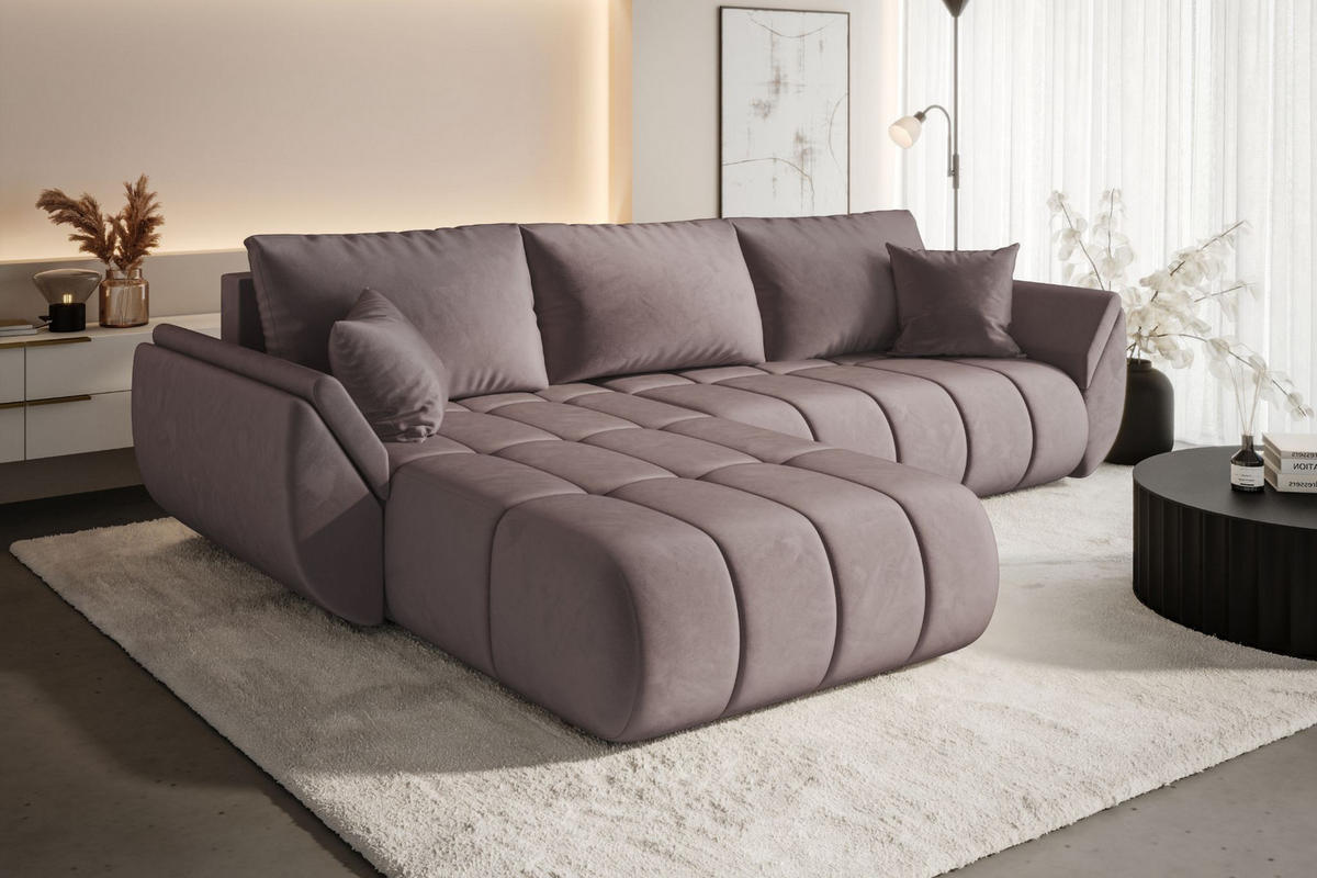 ECKSOFA TOKYO PREMIUM mit Schlaffunktion, Stoff MONOLITH, Lila, Links - Lila, Holz (280/190cm) - Kaiser Möbel
