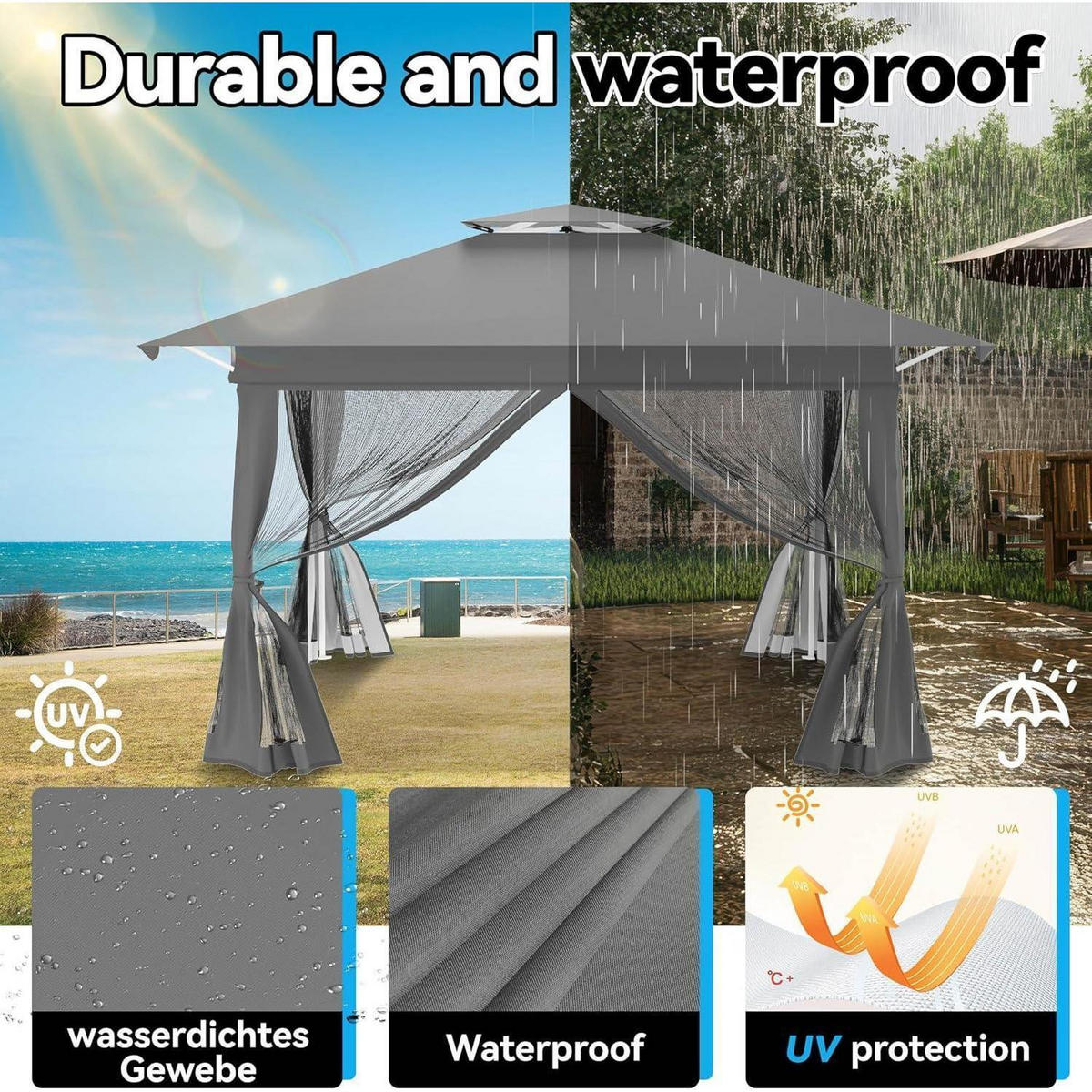 GARTENPAVILLON 4x4 Pop up Stabil Winterfest mit Doppeldach und Moskitonetz Silbergrau - Grau, Metall (400/225/400cm)