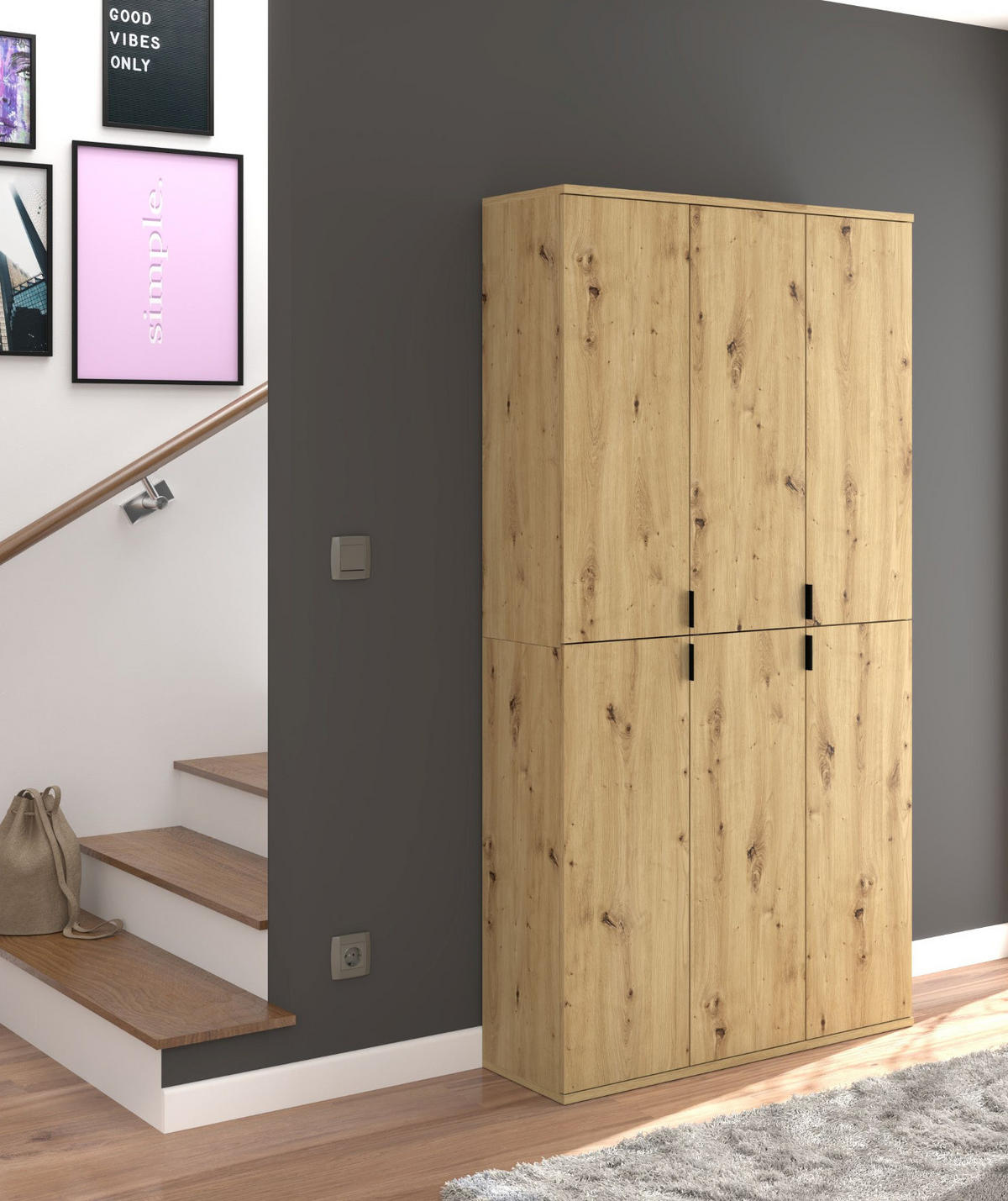 GARDEROBENSCHRANK Eiche Artisan 91 cm, Flurschrank mit flexibler Inneneinteilung - Schwarz/Eiche Artisan, Holzwerkstoff/Metall (91/193/34cm) - Inn.Furn