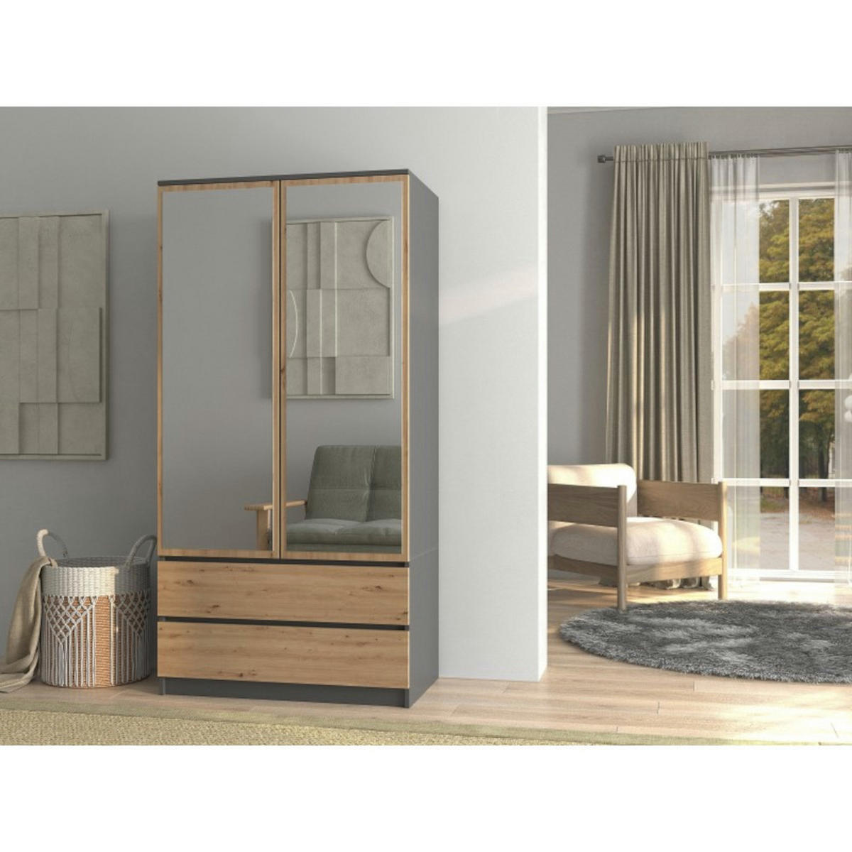 KLEIDERSCHRANK Wäscheschrank Laminierter Spanplatte - Anthrazit/Eiche Artisan, Holzwerkstoff (90/180/50cm) - Ibonto