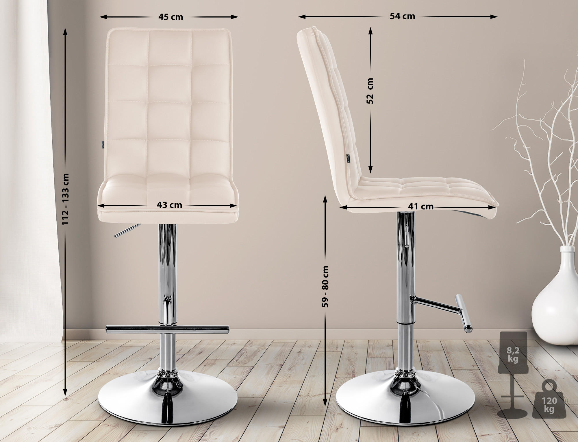 BARHOCKER Lederlook creme - Chromfarben/Creme, Textil/Metall (45/112/54cm) - CLP