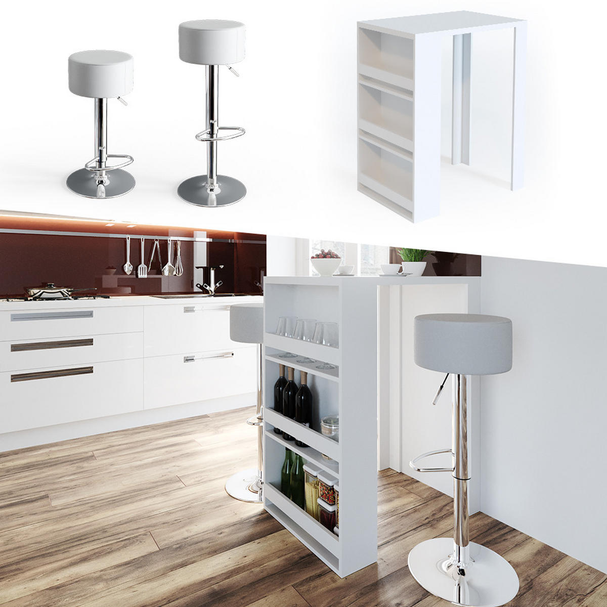 BARTISCH-SET Weiß 57 x 80 cm mit 2 Barhockern - Weiß, Holzwerkstoff (57/106/80cm) - Vicco